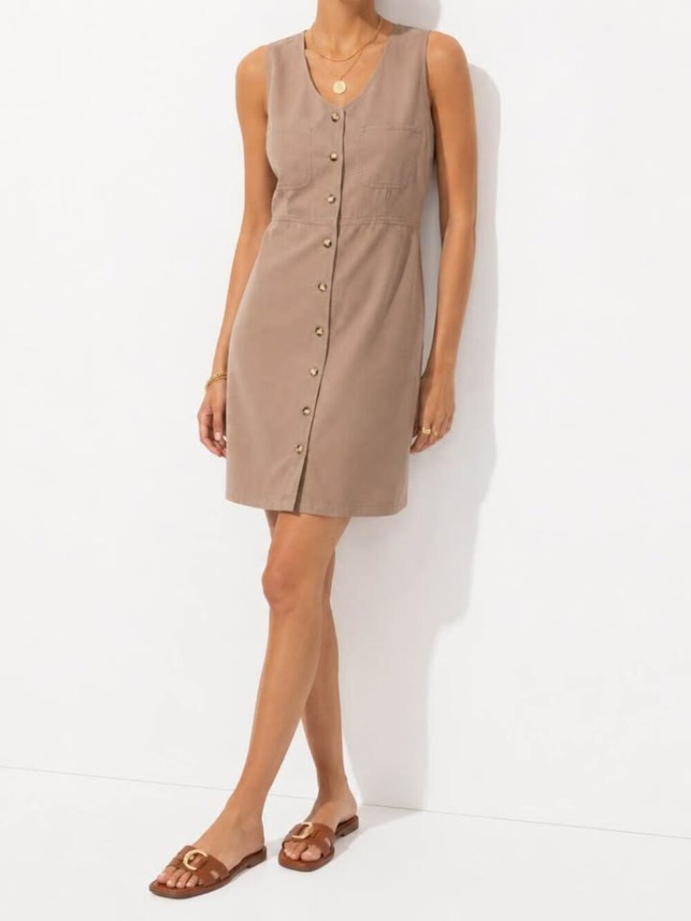Elevated Utility Clean Girl Button Front Sleeveless Taupe Casual Dress [size S]